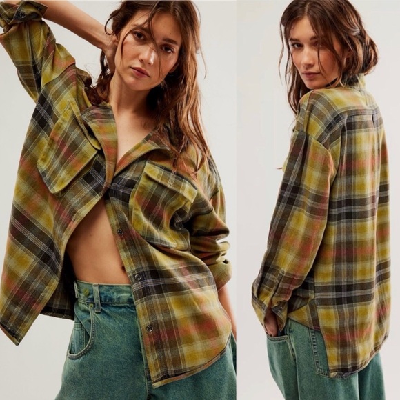 WE THE FREE Izzy Oversized Green Plaid Button Down Shirt Shacket NEW - Picture 3 of 4